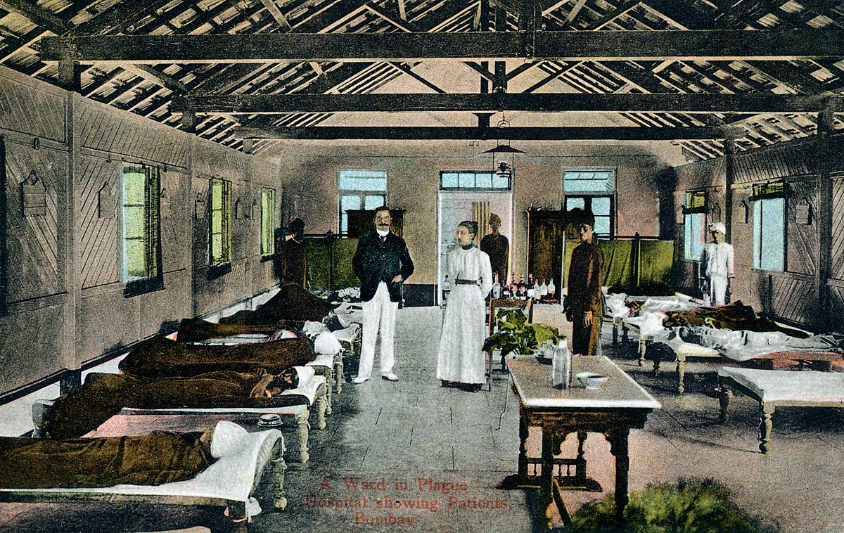 Bombay Plague | Indian Press A hospital ward shows patients receiving medical care during a plague outbreak in Bombay.