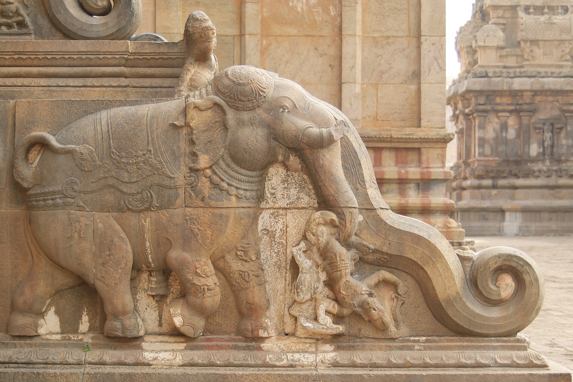 Brihadisvara Temple | Indian Press Ancient stone carving depicts elephants and figures at the Brihadisvara Temple, a stunning example of Indian architecture.