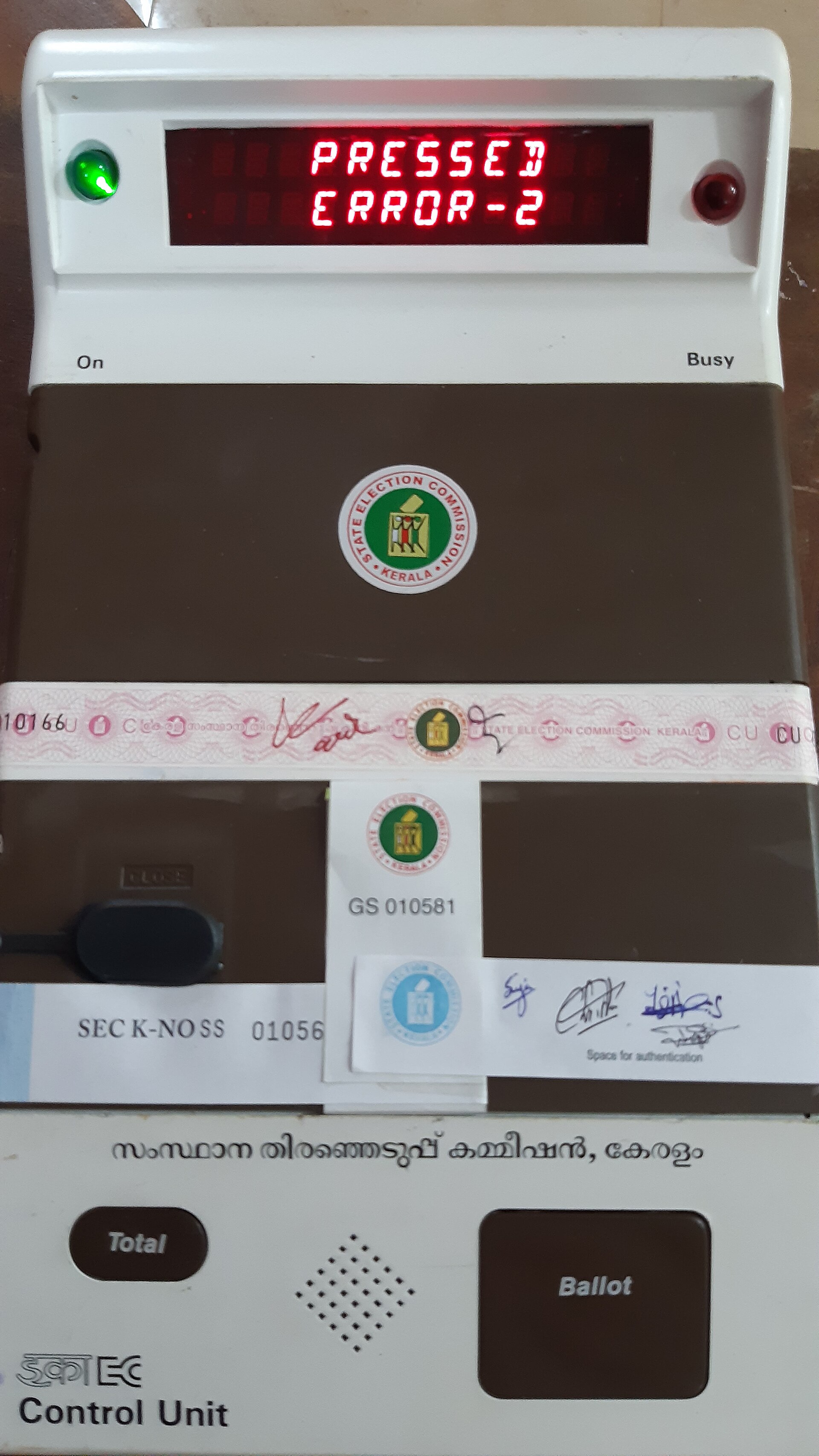 An electronic voting machine shows an 'Error-2' message on its control unit during India elections.