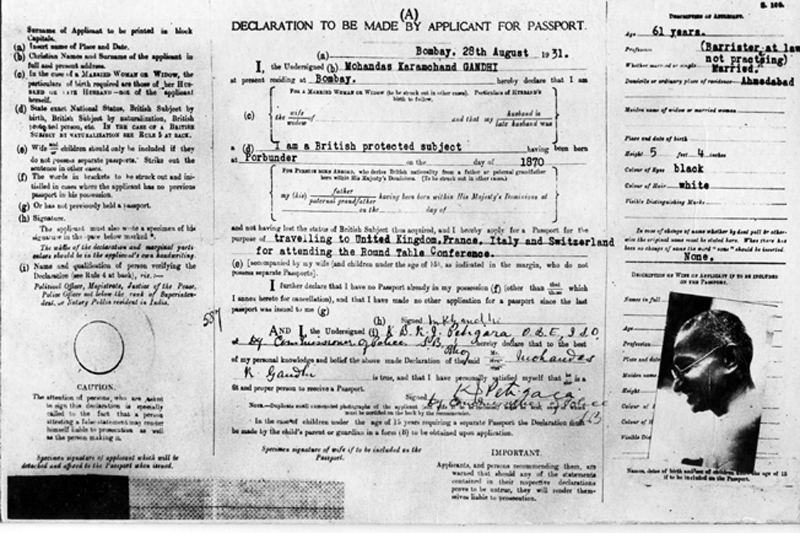 A historical passport belonging to Mahatma Gandhi.