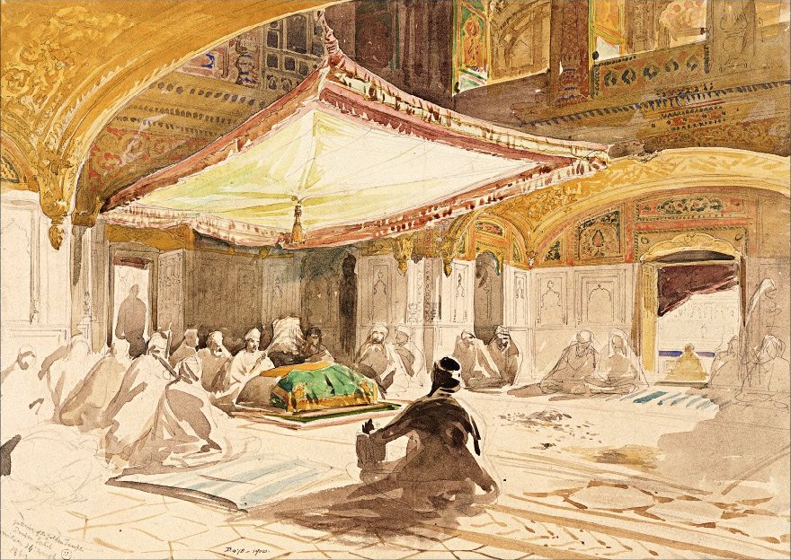 Golden Temple Interior | Indian Press A watercolor sketch shows the interior of Harmandir Sahib with people in prayer, reflecting Punjabi culture.