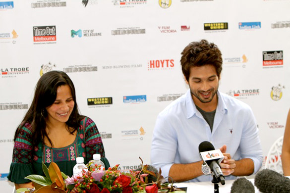 Shahid Kapoor and Regina Cassandra at a press conference for Bollywood film promotion in Melbourne.