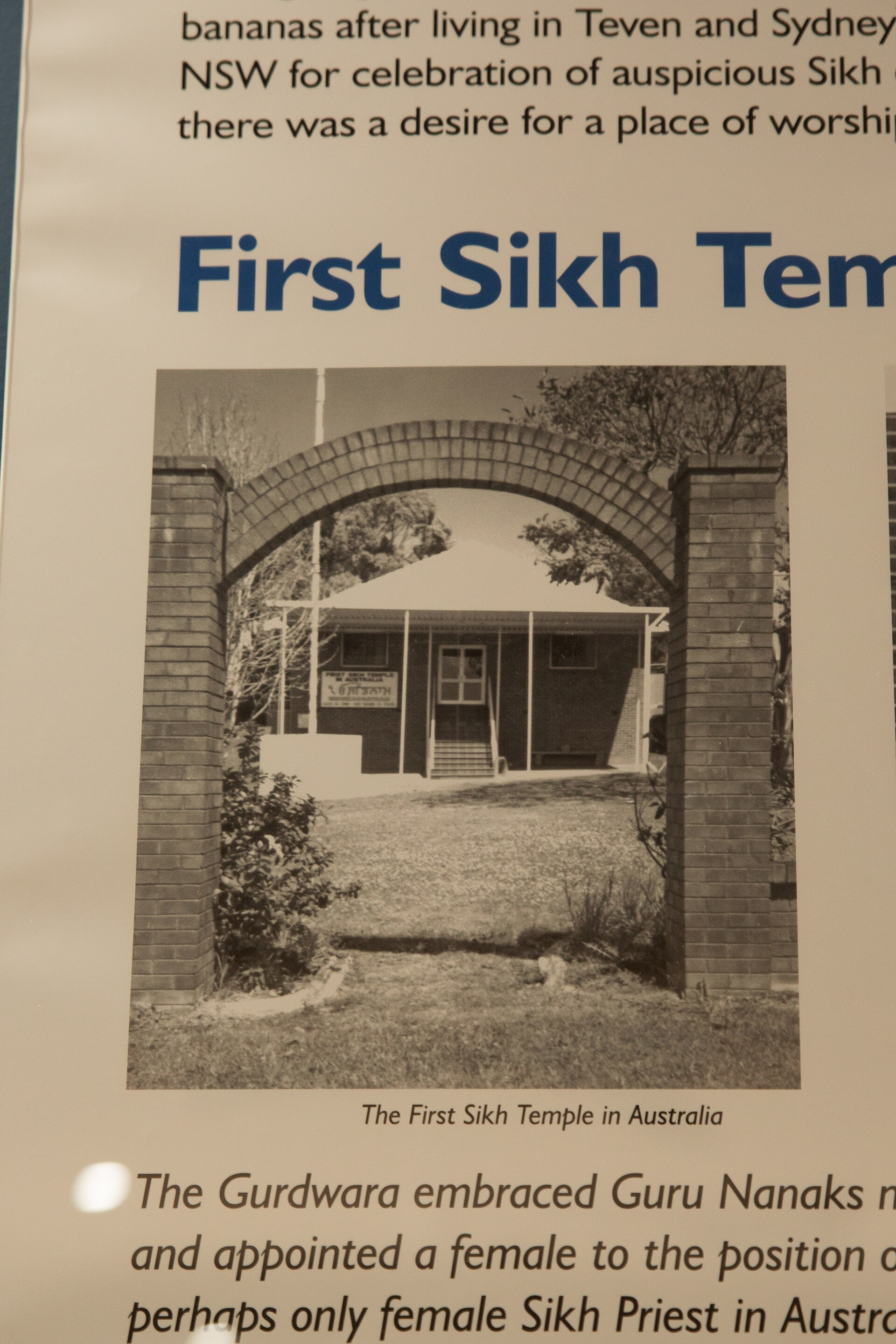 Australia's first Sikh Gurdwara is pictured, detailing its history and significance to the Indian diaspora.